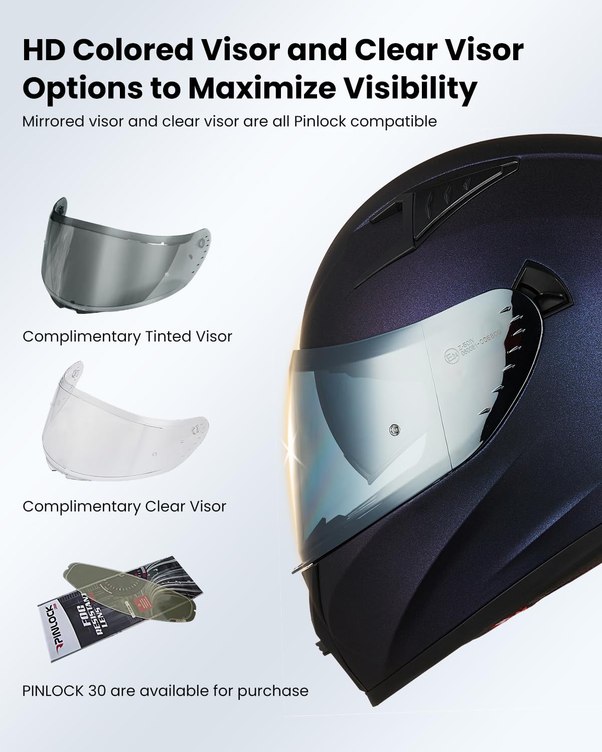 ILM Z501 chameleon purple helmet, mirrored visor close-up for glare protection.