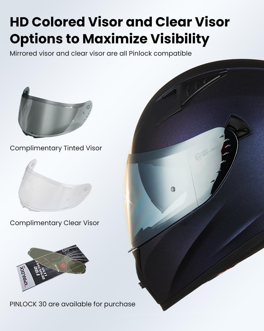 ILM Z501 chameleon purple helmet, mirrored visor close-up for glare protection.