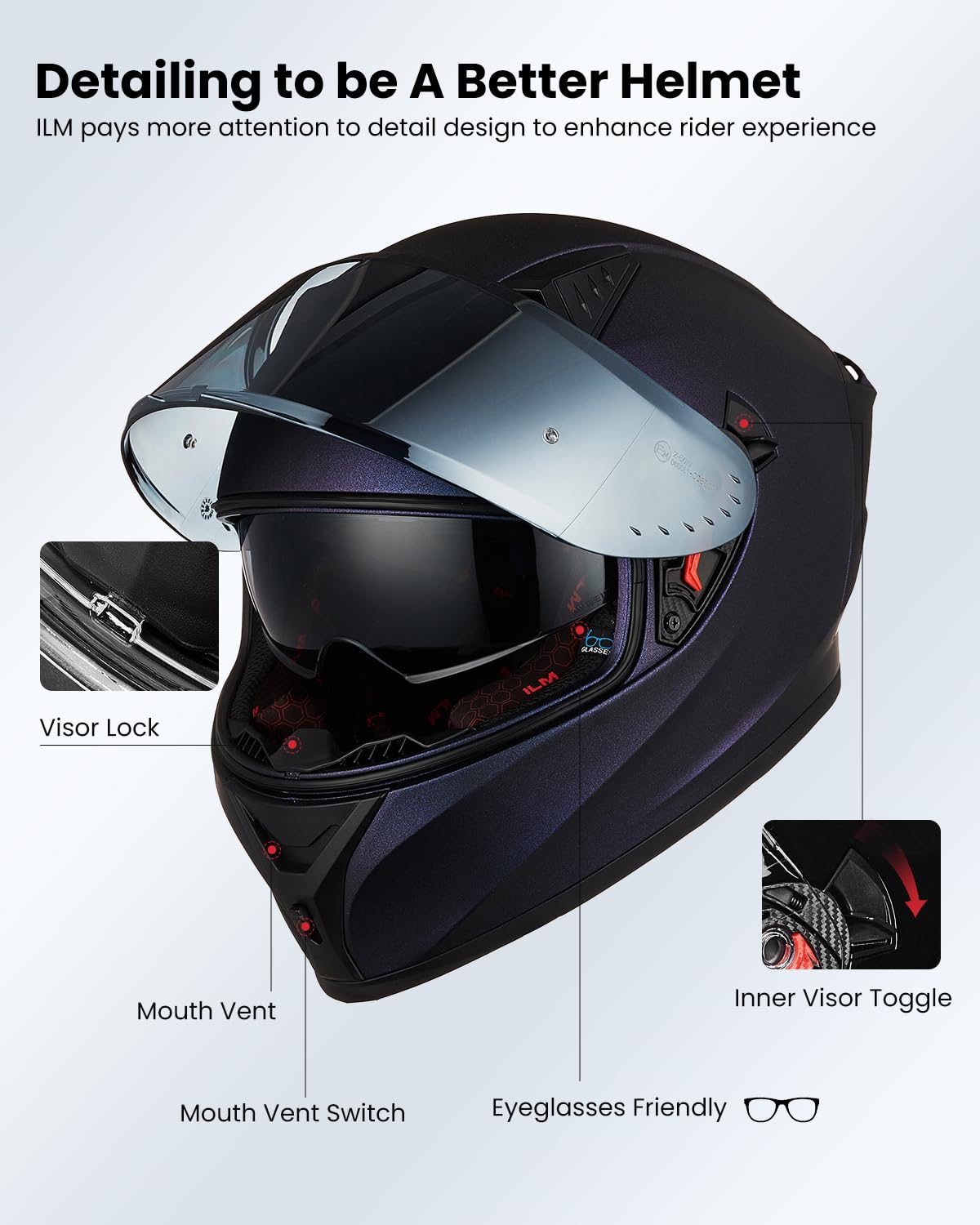 ILM Z501 chameleon purple helmet, Pinlock-compatible feature for fog-free riding.