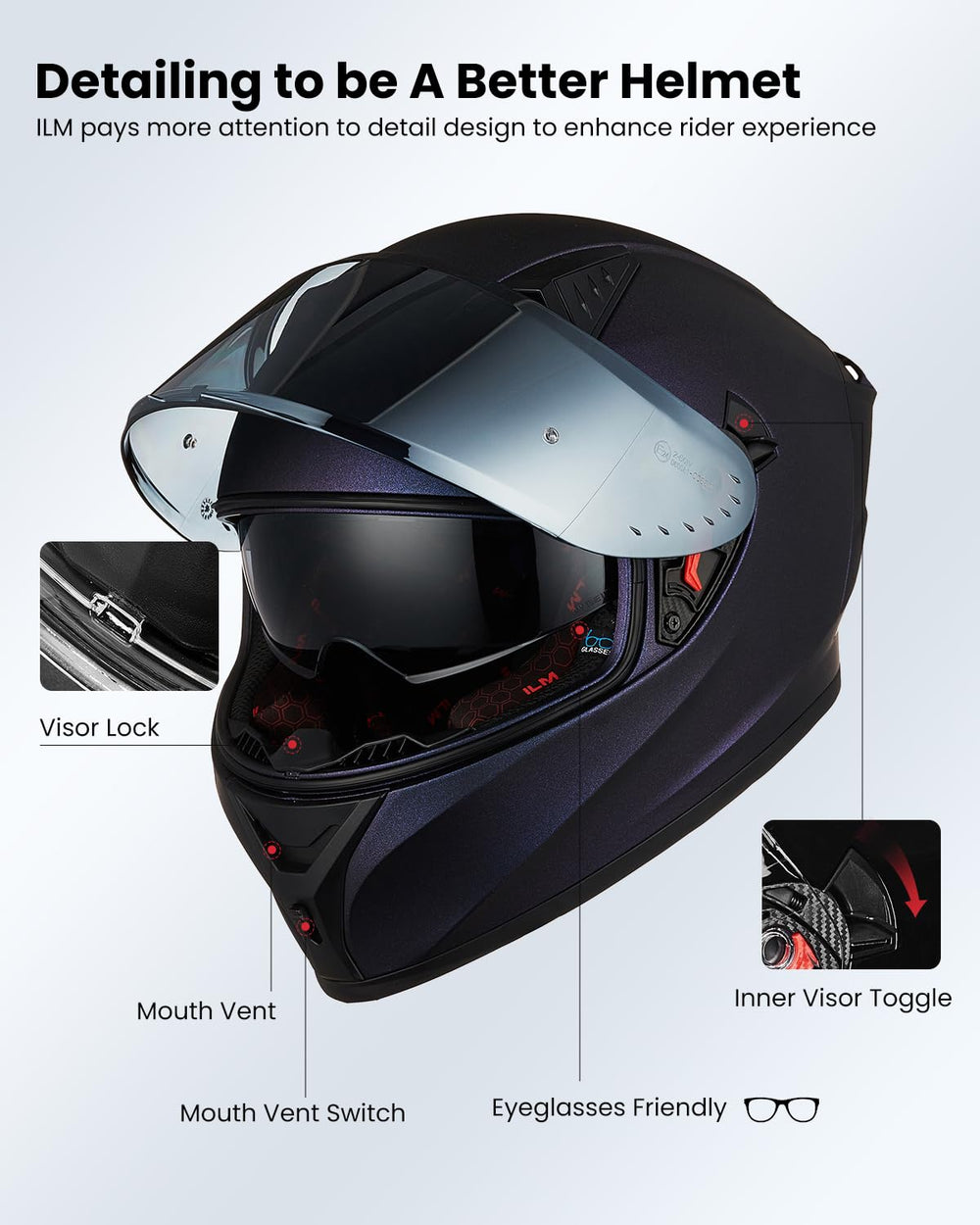 ILM Z501 chameleon purple helmet, Pinlock-compatible feature for fog-free riding.