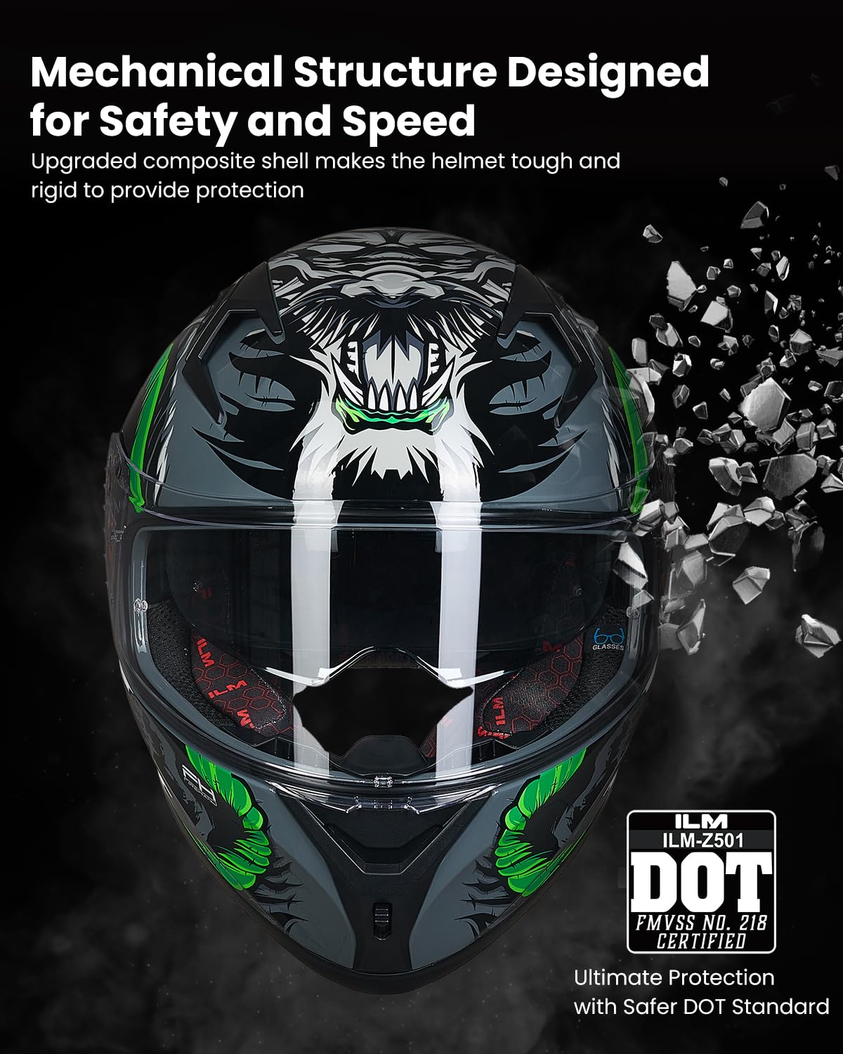 ILM Z501 full-face helmet with pinlock mirrored visor for glare control in bright conditions.