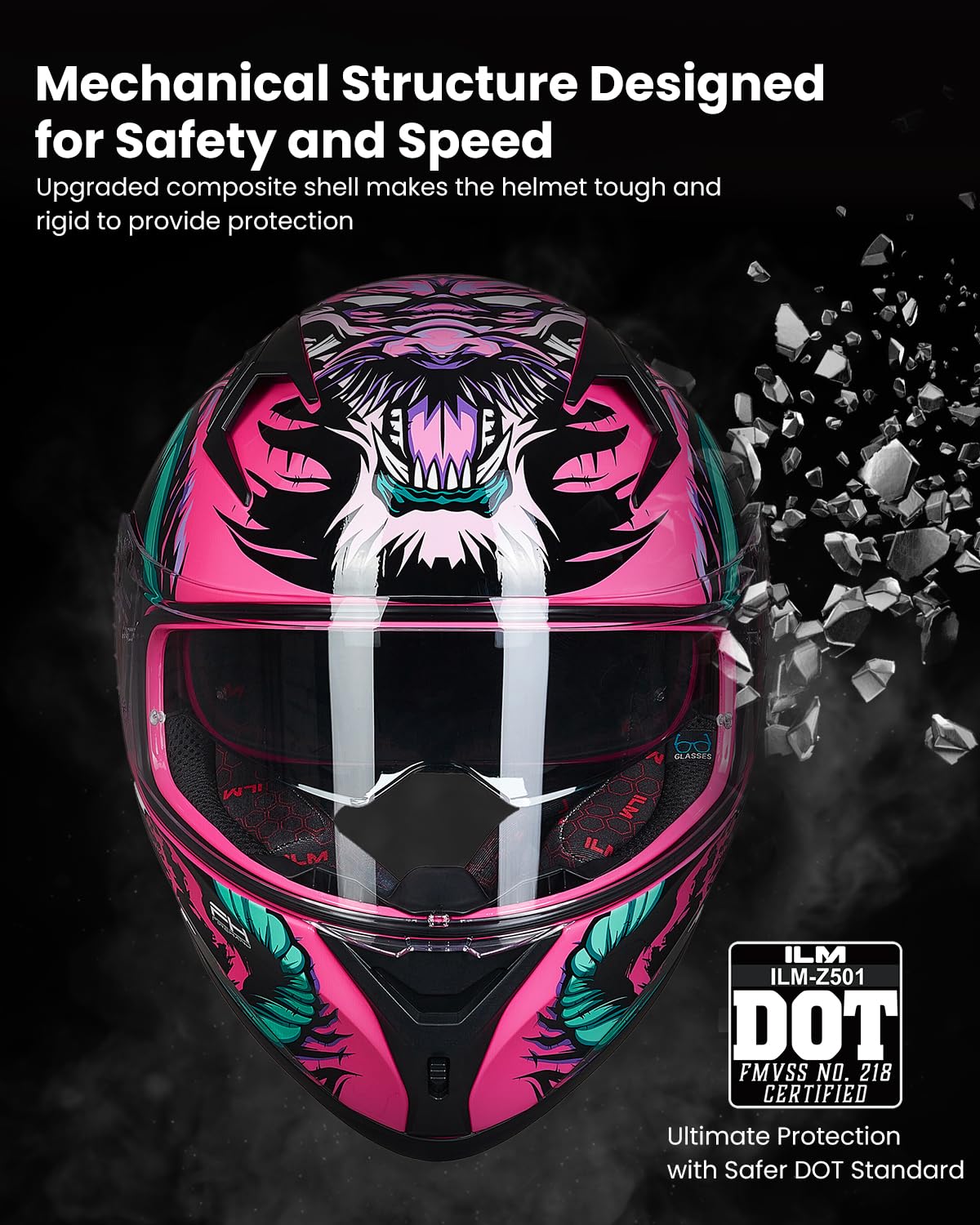 ILM Z501 mirrored visor reduces glare for sunny rides and improved focus.