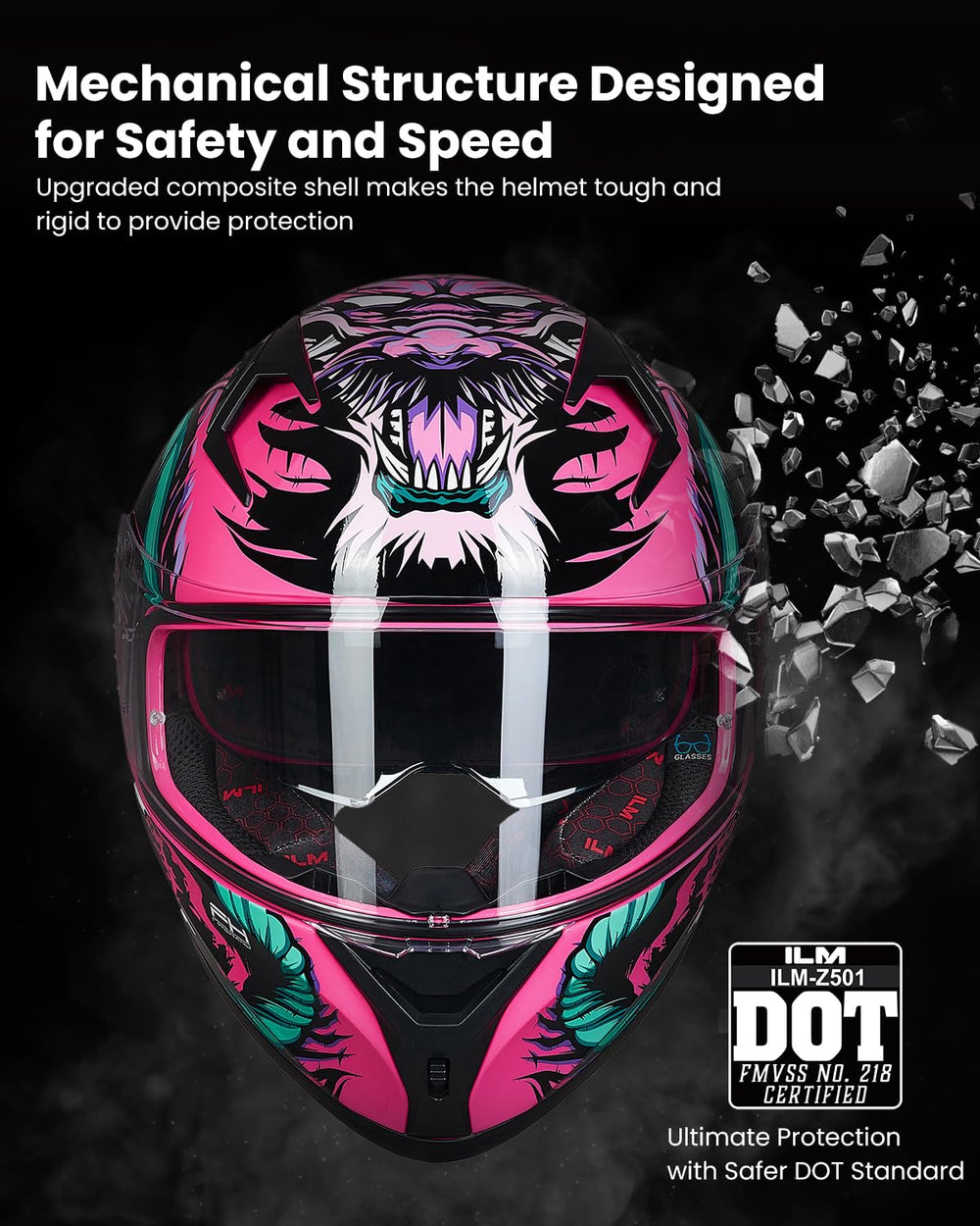 ILM Z501 mirrored visor reduces glare for sunny rides and improved focus.