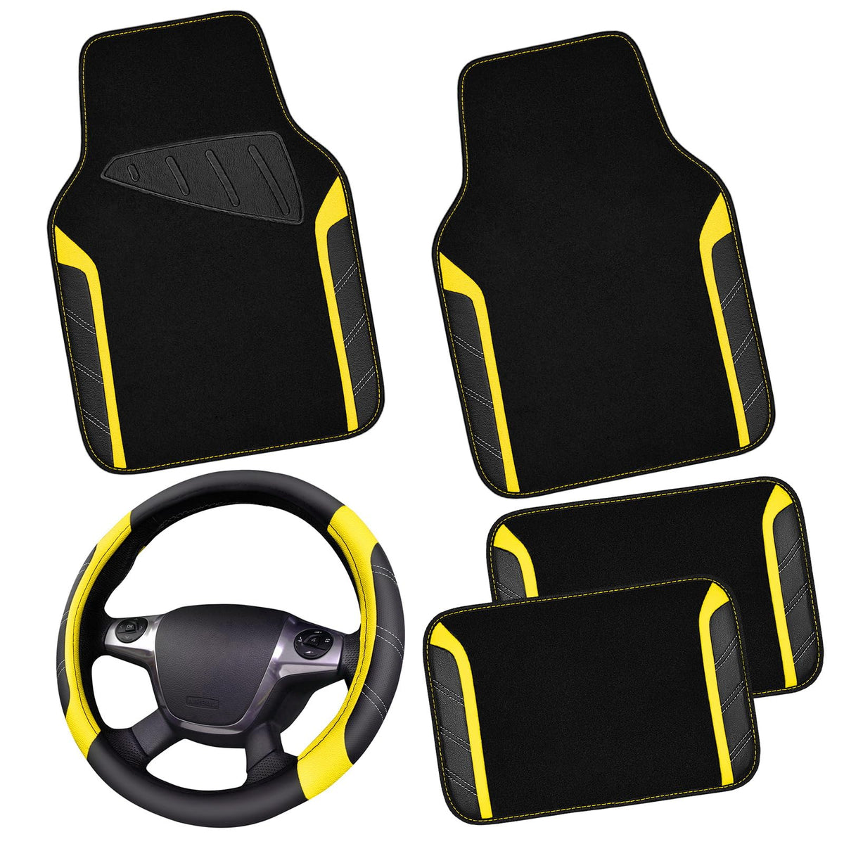 CAR PASS Leather Steering Wheel Cover and Waterproof Car Floor Mats,Microfiber Universal Car Combo Fit for 95% Sedan SUV Van Truck,14.5-15 inch Sporty Anti-Slip Safety Comfortable Design, Black＆Yellow