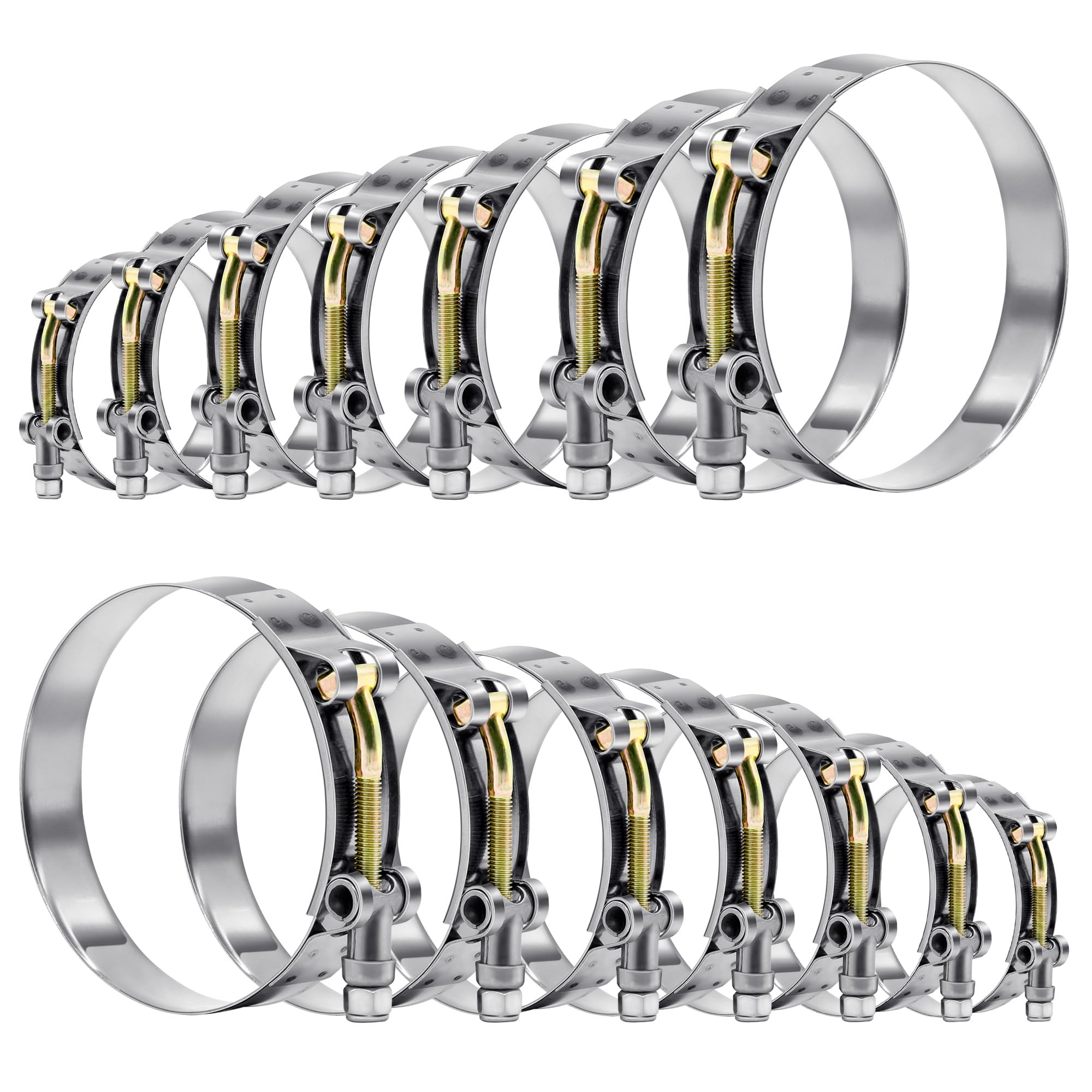 WYSIWYKA 14 Pcs 7 Sizes T-Bolt Hose Clamps, 304 Stainless Steel Turbo Intake Intercooler Clamp,Working Range 32-91mm for 1-3" Hose ID, Radiator Hose Clamps Assortment Set