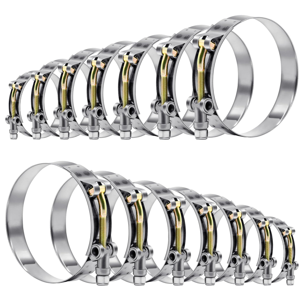 WYSIWYKA 14 Pcs 7 Sizes T-Bolt Hose Clamps, 304 Stainless Steel Turbo Intake Intercooler Clamp,Working Range 32-91mm for 1-3" Hose ID, Radiator Hose Clamps Assortment Set