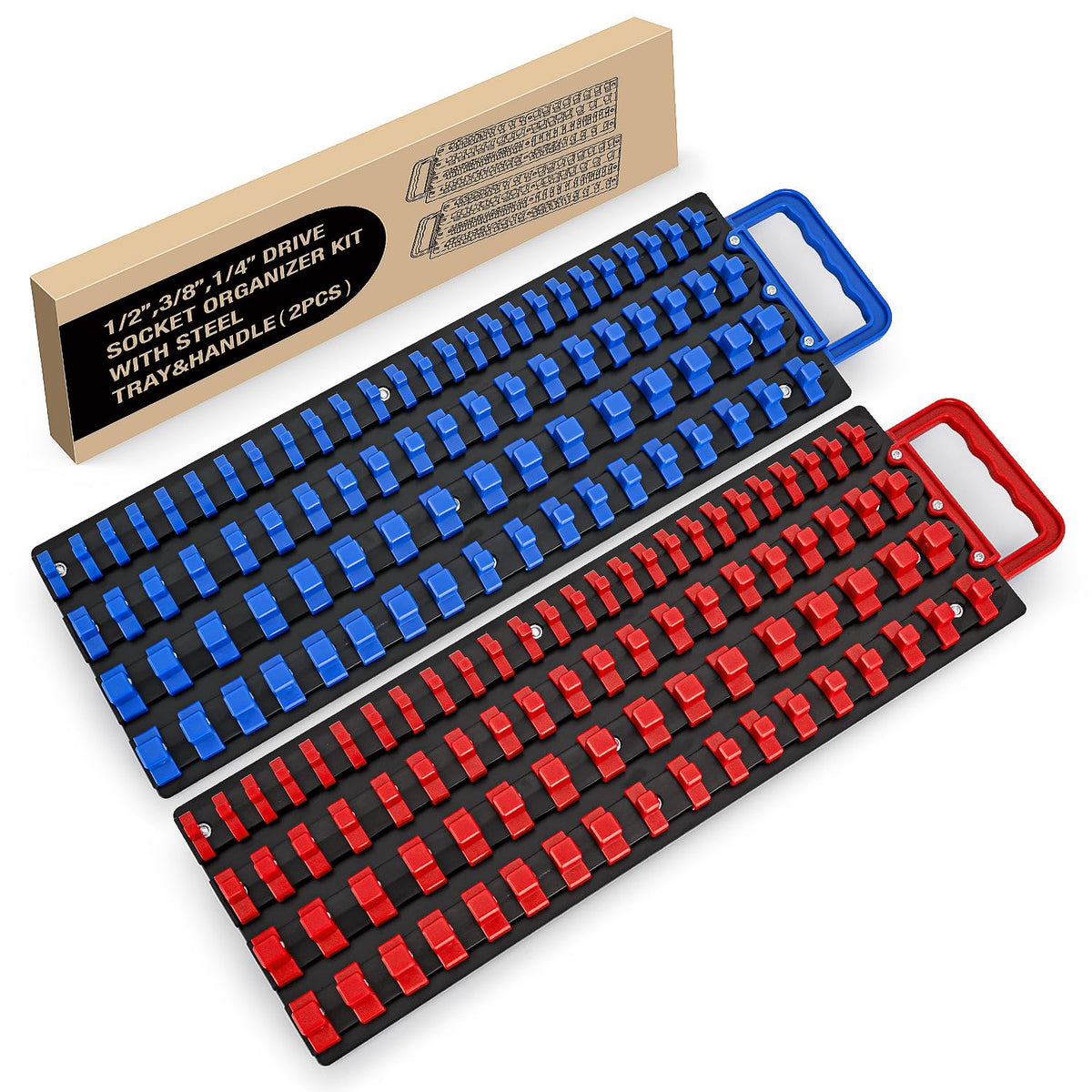 GOOACC Socket Organizer Tray 1/4 inch 3/8 inch 1/2 inch Socket Holder Portable Socket Rail Organizer Trays for Tool Box Drawer, 2Pcs Set Socket Tray Holds 160-Piece SAE Metric Socket, Blue & Red