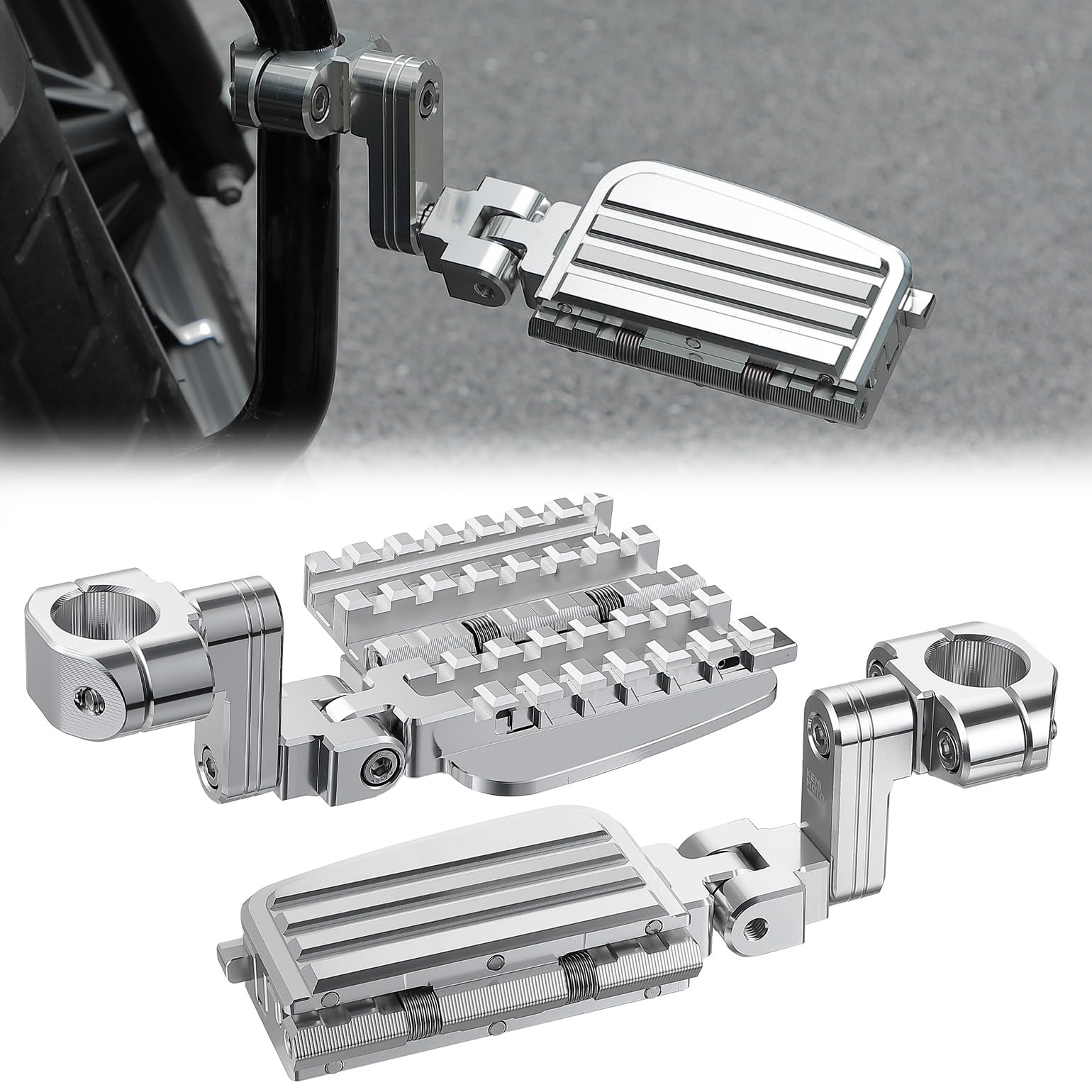 KEMIMOTO CNC Aluminum Highway Pegs with Expandable Heel Rests – 1.25-inch Engine Guard Compatible
