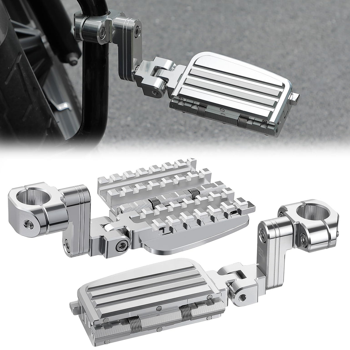 KEMIMOTO CNC Aluminum Highway Pegs with Expandable Heel Rests – 1.25-inch Engine Guard Compatible