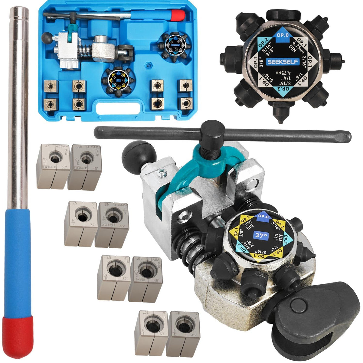 SEEKSELF Professional Brake Line Flaring Tool Kit for 45 & 37 Degree Single, Double and Bubble Flares, 3/16", 1/4", 5/16", 3/8" and 4.75mm Steel Copper Metal Tubing