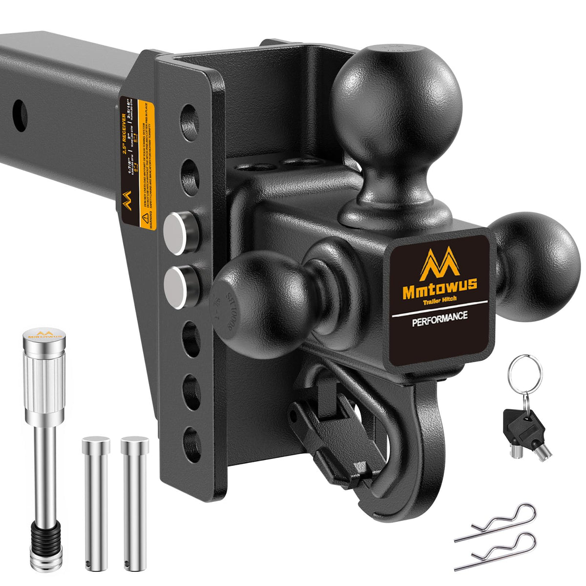 Mmtowus Adjustable Trailer Hitch - Drop Hitch -Tri Ball Mount w/Hook (1-7/8'', 2''&2-5/16''), Fits 2.5-Inch Receiver, 6'' Drop/Rise 15,000 LBS GTW Tow Hitch, 3 Ball Hitches for Trucks, RV, Camper etc