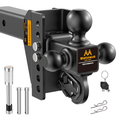 Mmtowus Adjustable Trailer Hitch - Drop Hitch -Tri Ball Mount w/Hook (1-7/8'', 2''&2-5/16''), Fits 2.5-Inch Receiver, 6'' Drop/Rise 15,000 LBS GTW Tow Hitch, 3 Ball Hitches for Trucks, RV, Camper etc