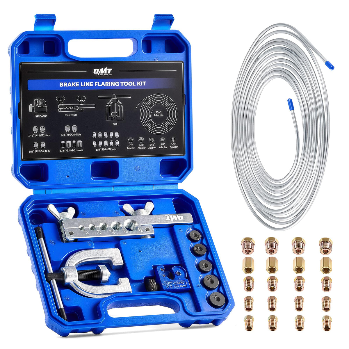 Orion Motor Tech 3/16 in Brake Line Kit, Brake Line Flaring Tool Kit with 25 ft Brake Line, 16 Fittings & 4 Unions, Double & Single Flaring Tool Kit for Most Hydraulic Braking Fuel Systems