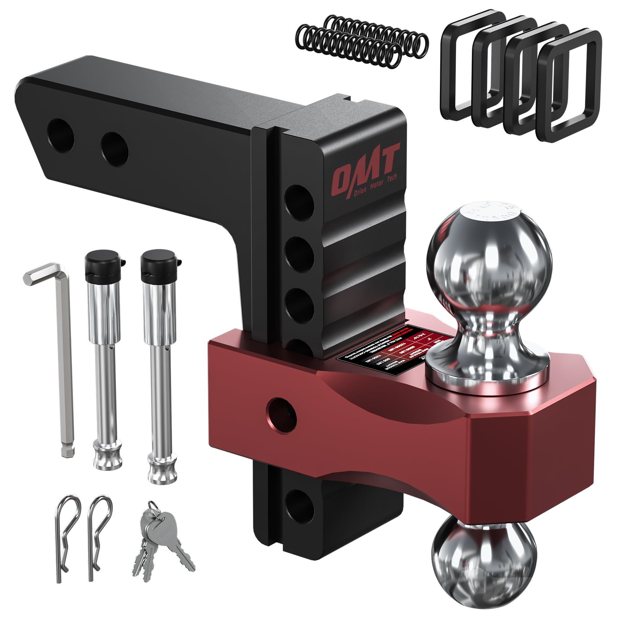 Orion Motor Tech Adjustable Trailer Hitch for 2 in. Receiver, Dual-Ball Mount Tow Hitch with 6" Drop/Rise 2" & 2-5/16" Balls, Drop Hitch with Locking Pins for Class III V Vehicles 8000-12500 GTW, Red