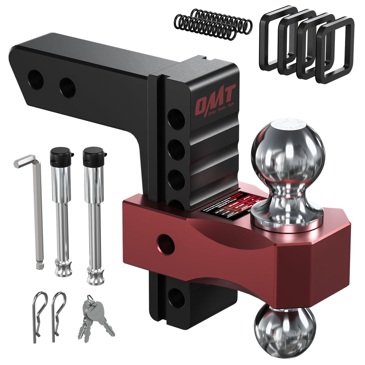 Orion Motor Tech Adjustable Trailer Hitch for 2 in. Receiver, Dual-Ball Mount Tow Hitch with 6" Drop/Rise 2" & 2-5/16" Balls, Drop Hitch with Locking Pins for Class III V Vehicles 8000-12500 GTW, Red