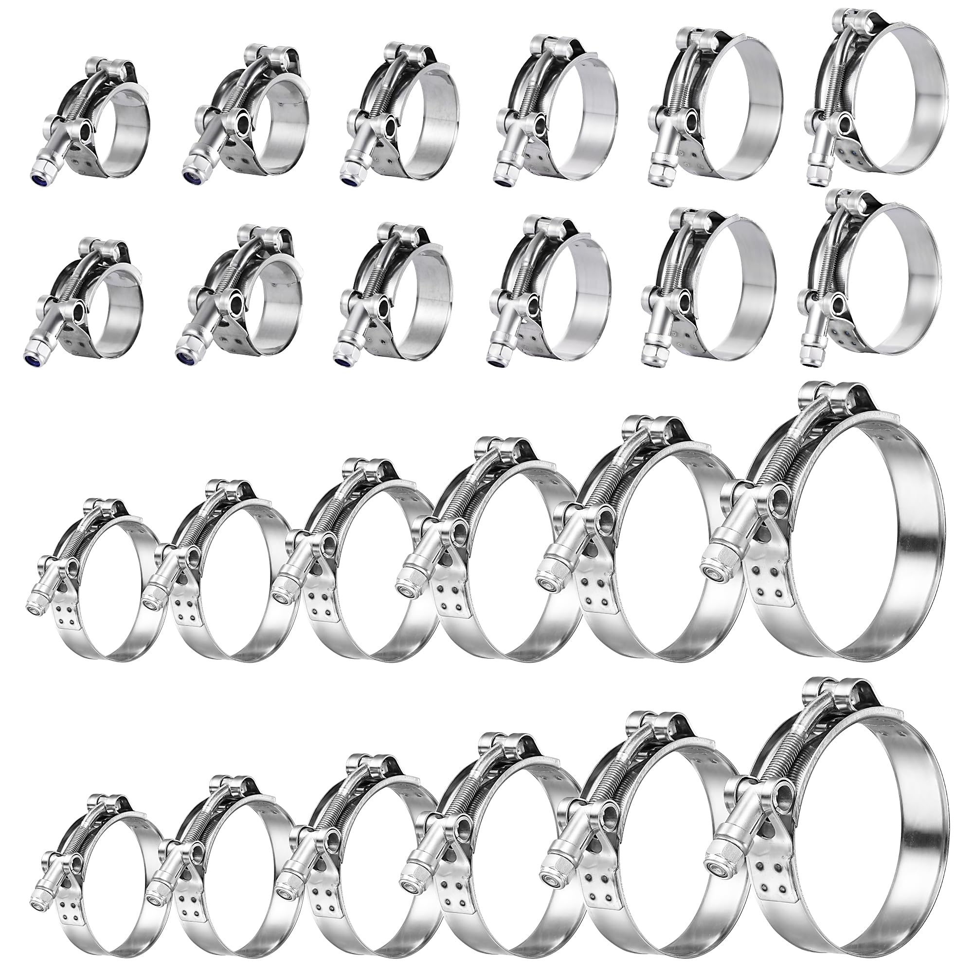 AKIHISA 24-Pack T-Bolt Hose Clamps, Stainless Steel 304 | 12 Sizes, 28–116mm Range for 0.75–4 Inch Hose ID | Turbo Intake/Intercooler Clamp