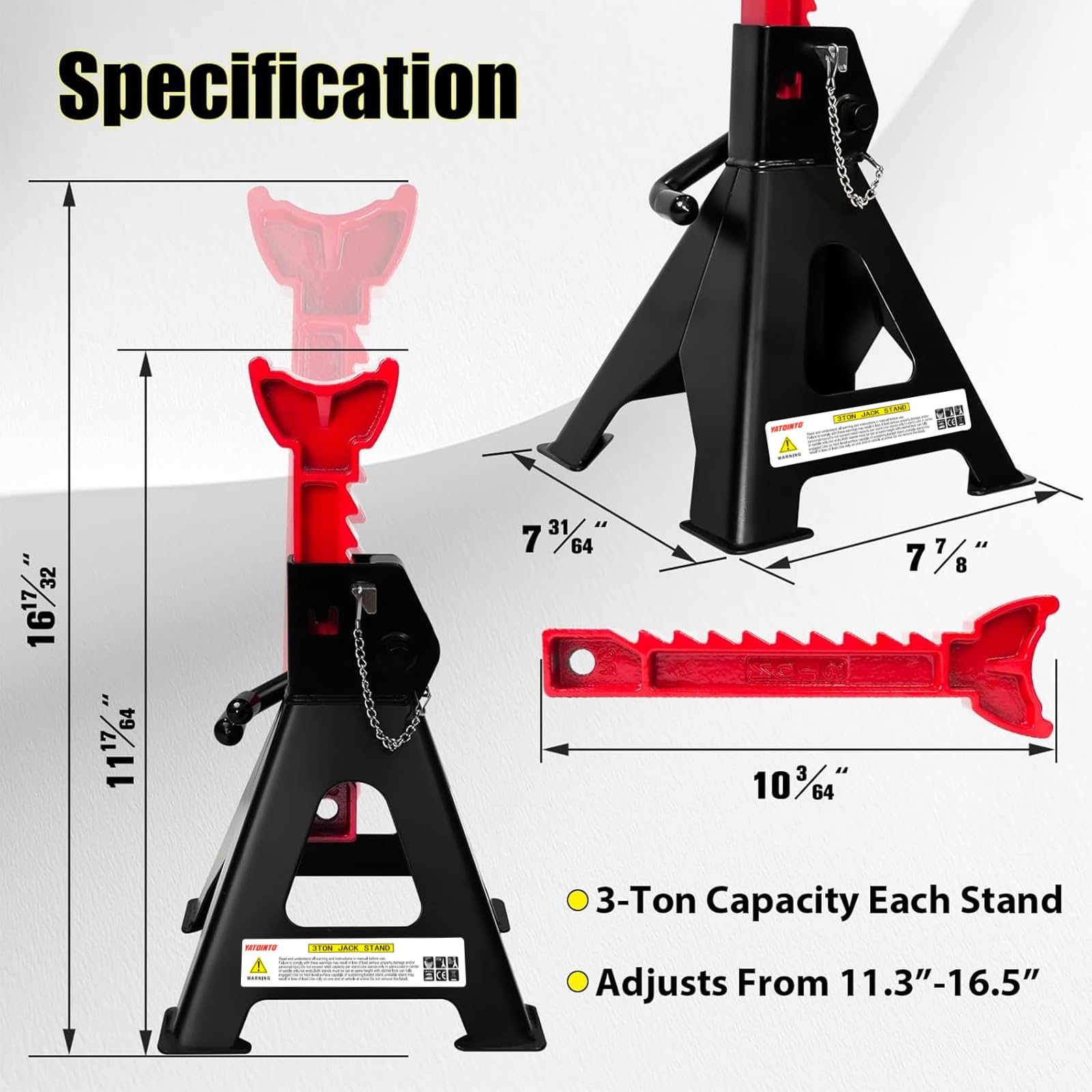 YATOINTO Jack Stands 3 Ton (6,600 LBs) with Double Pin Locking, Car Jack Stand 11.22"-16.54" Adjustable with Rubber Pads, Jack Stands for Trucks,Home,Garage, SUV, Pickup,Car,UTV/ATV,1 Pair