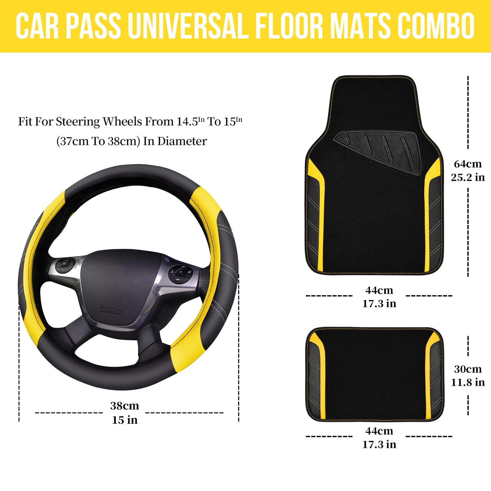 CAR PASS Leather Steering Wheel Cover and Waterproof Car Floor Mats,Microfiber Universal Car Combo Fit for 95% Sedan SUV Van Truck,14.5-15 inch Sporty Anti-Slip Safety Comfortable Design, Black＆Yellow