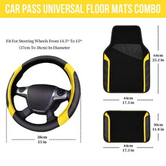 CAR PASS Leather Steering Wheel Cover and Waterproof Car Floor Mats,Microfiber Universal Car Combo Fit for 95% Sedan SUV Van Truck,14.5-15 inch Sporty Anti-Slip Safety Comfortable Design, Black＆Yellow