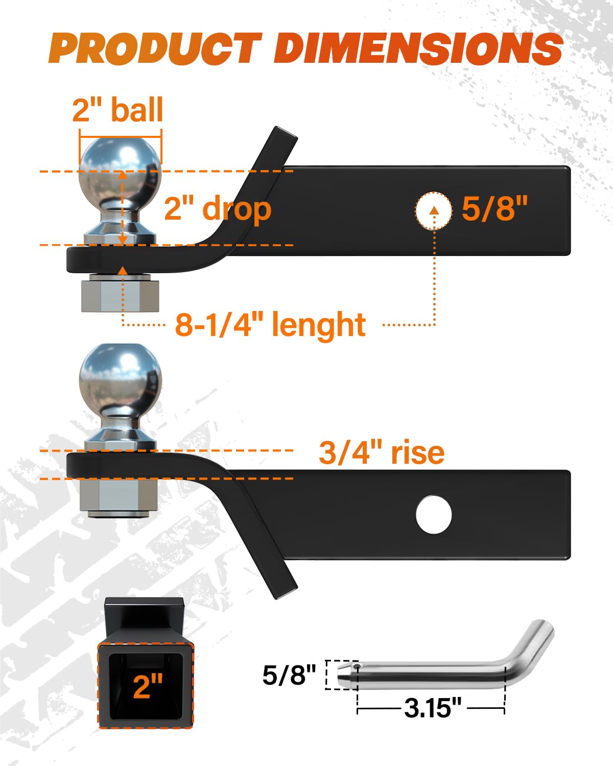 DEEAGLE 2-Inch Ball Hitch with Pin - Heavy-Duty 6000 lbs GTW, 2 Drop