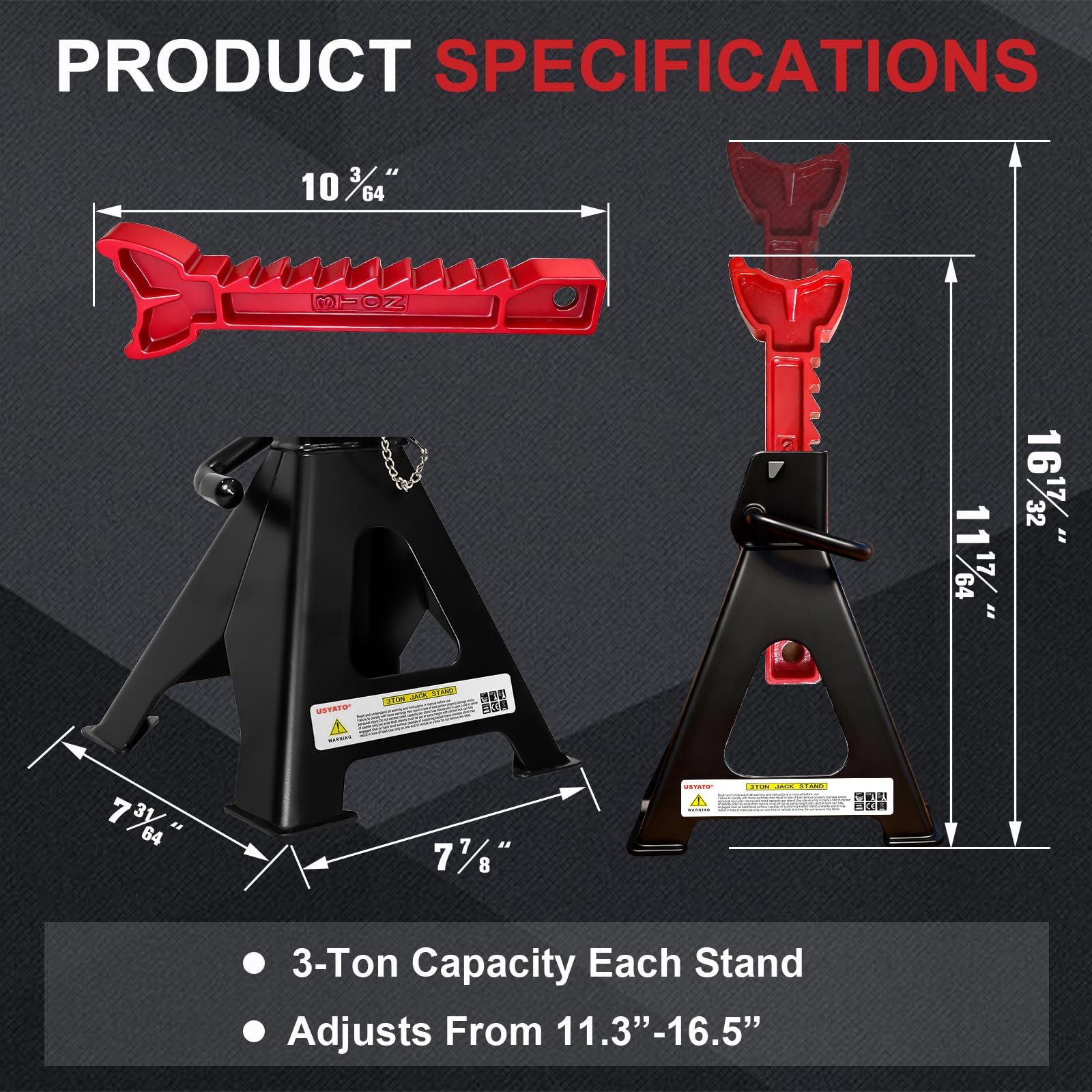 USYATO 3 Ton Jack Stands (6,600 lbs) - Heavy Duty Car Jack Stand with Double Pin Locking, Adjustable 11.22"-16.54" Height, Extra Rubber Pads for Trucks, Garage, Home,DIY Use - 1 Pair Black+Red