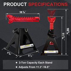 USYATO 3 Ton Jack Stands (6,600 lbs) - Heavy Duty Car Jack Stand with Double Pin Locking, Adjustable 11.22"-16.54" Height, Extra Rubber Pads for Trucks, Garage, Home,DIY Use - 1 Pair Black+Red