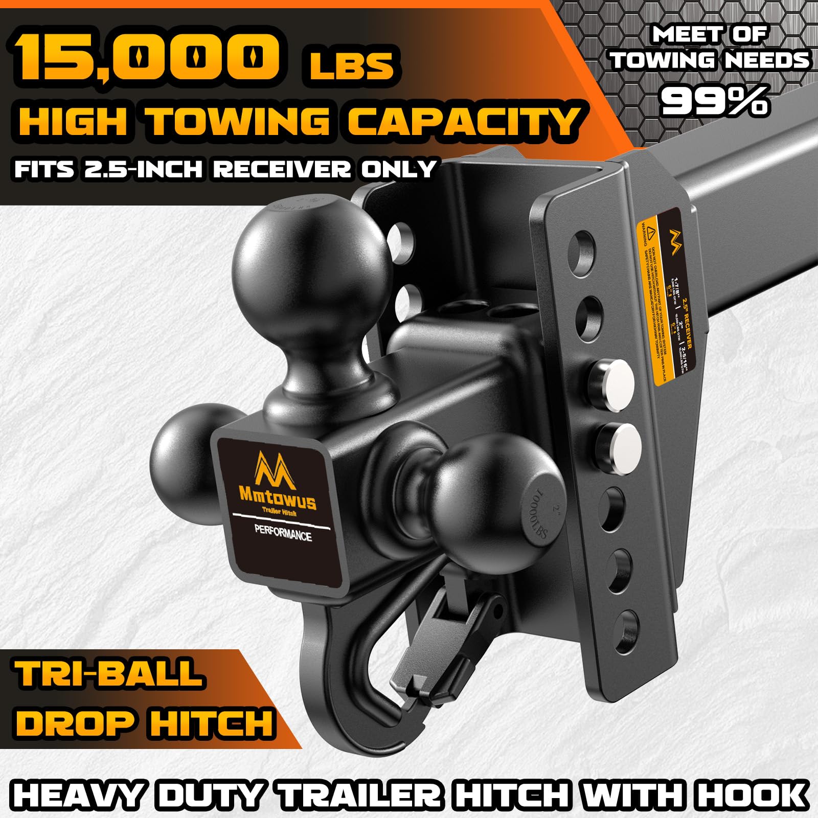 Mmtowus Adjustable Trailer Hitch - Drop Hitch -Tri Ball Mount w/Hook (1-7/8'', 2''&2-5/16''), Fits 2.5-Inch Receiver, 6'' Drop/Rise 15,000 LBS GTW Tow Hitch, 3 Ball Hitches for Trucks, RV, Camper etc