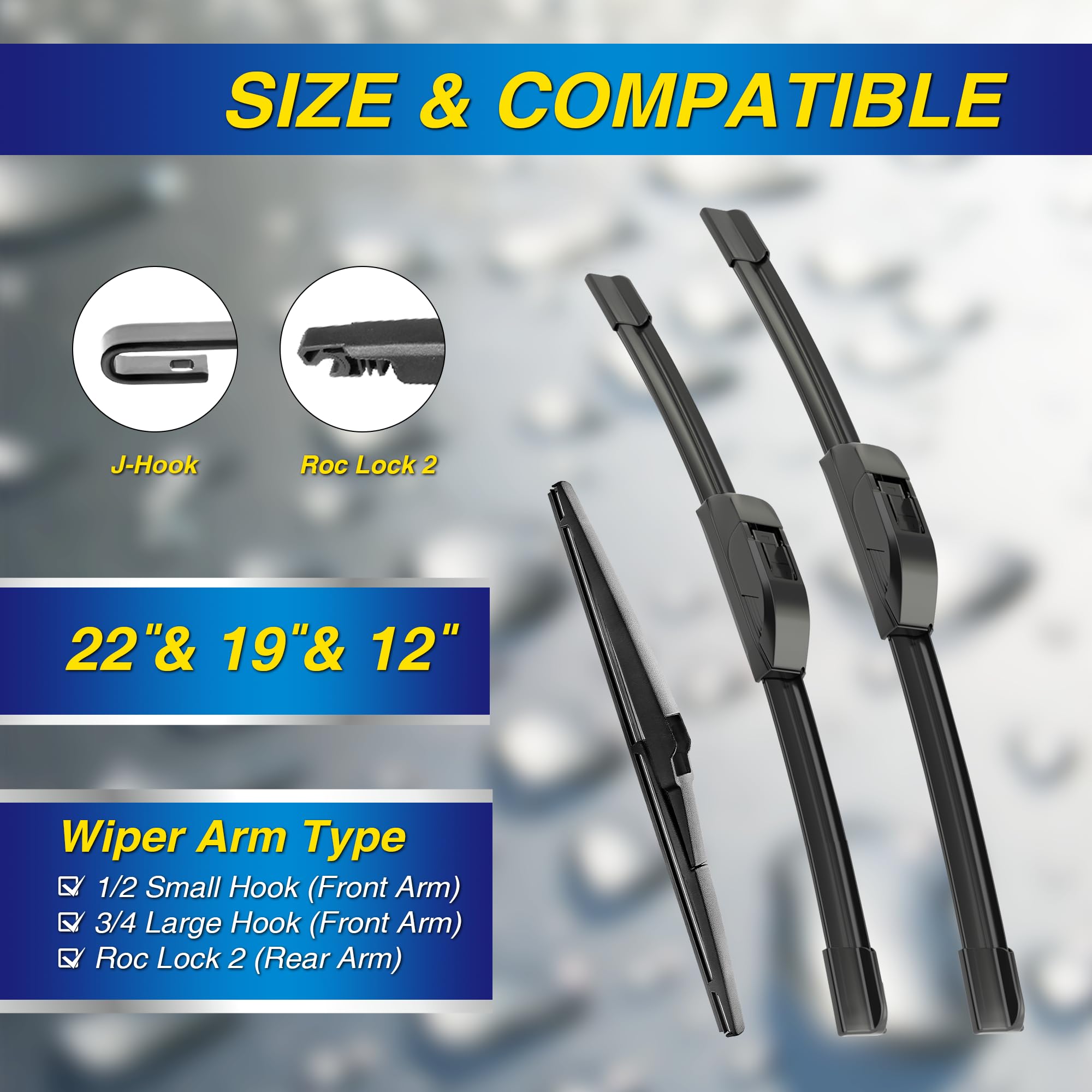 5 PLUS® Silicone Windshield Wipers Replacement for 2001-2007 Toyota Highlander, 2001-2005 Toyota Rav4 Wiper Blades(Set of 3),Automotive Replacement Windshield Wiper Blades For My Car-22"/19"/12"