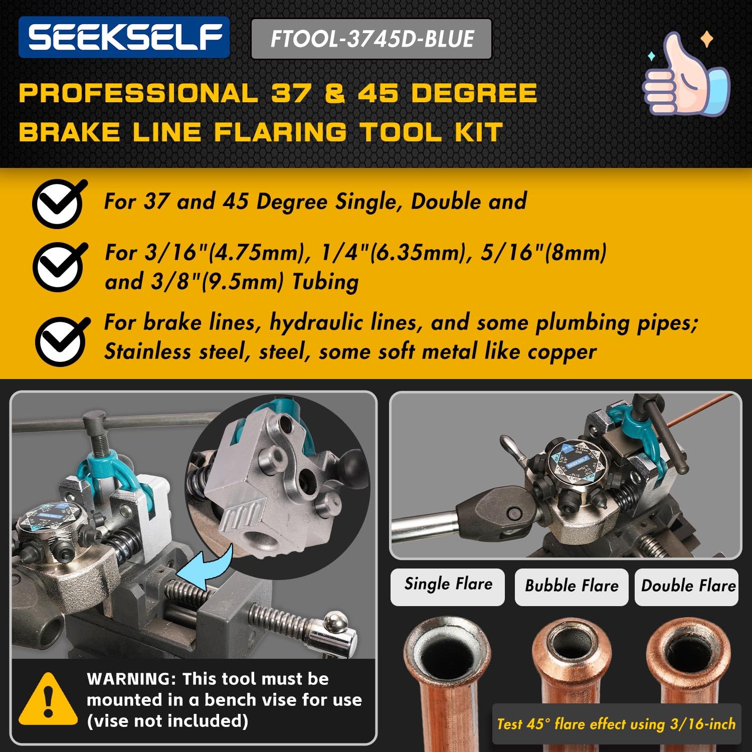 SEEKSELF Professional Brake Line Flaring Tool Kit for 45 & 37 Degree Single, Double and Bubble Flares, 3/16", 1/4", 5/16", 3/8" and 4.75mm Steel Copper Metal Tubing