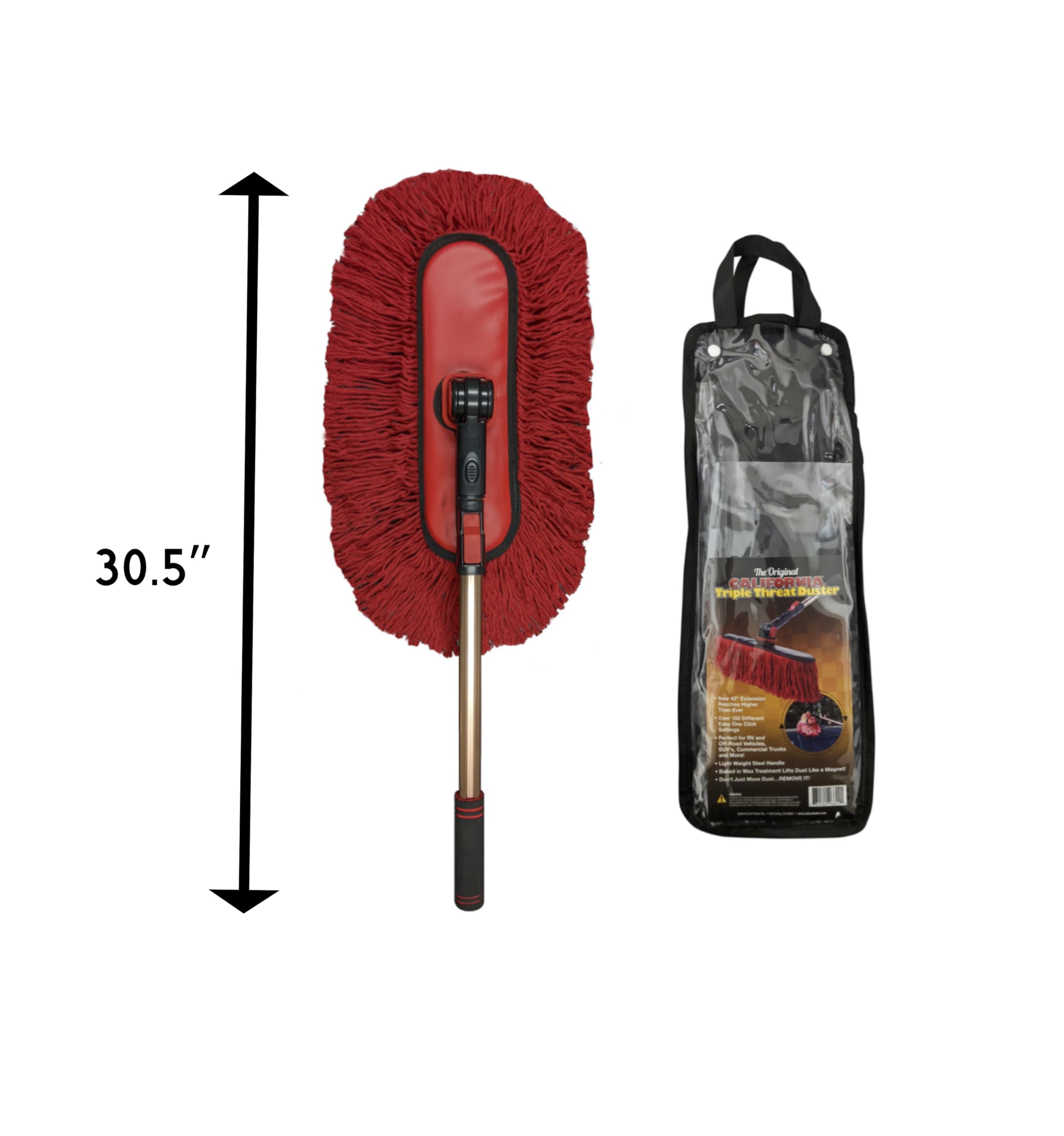 Red angle button adjusts head position for precise dusting on the California Car Duster.