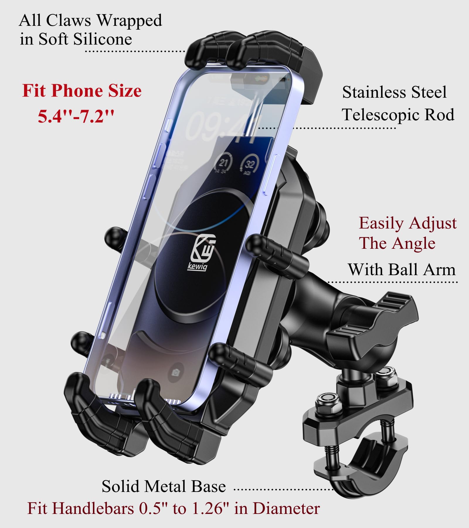 BRCOVAN Motorcycle Phone Mount Holder with Vibration Dampener & High-Speed Secure Lock, Adjustable Handlebar Cellphone Clamp for Bike Bicycle Scooter ATV, Fit 5.4-7.2'' Smartphone, Big Phone Friendly