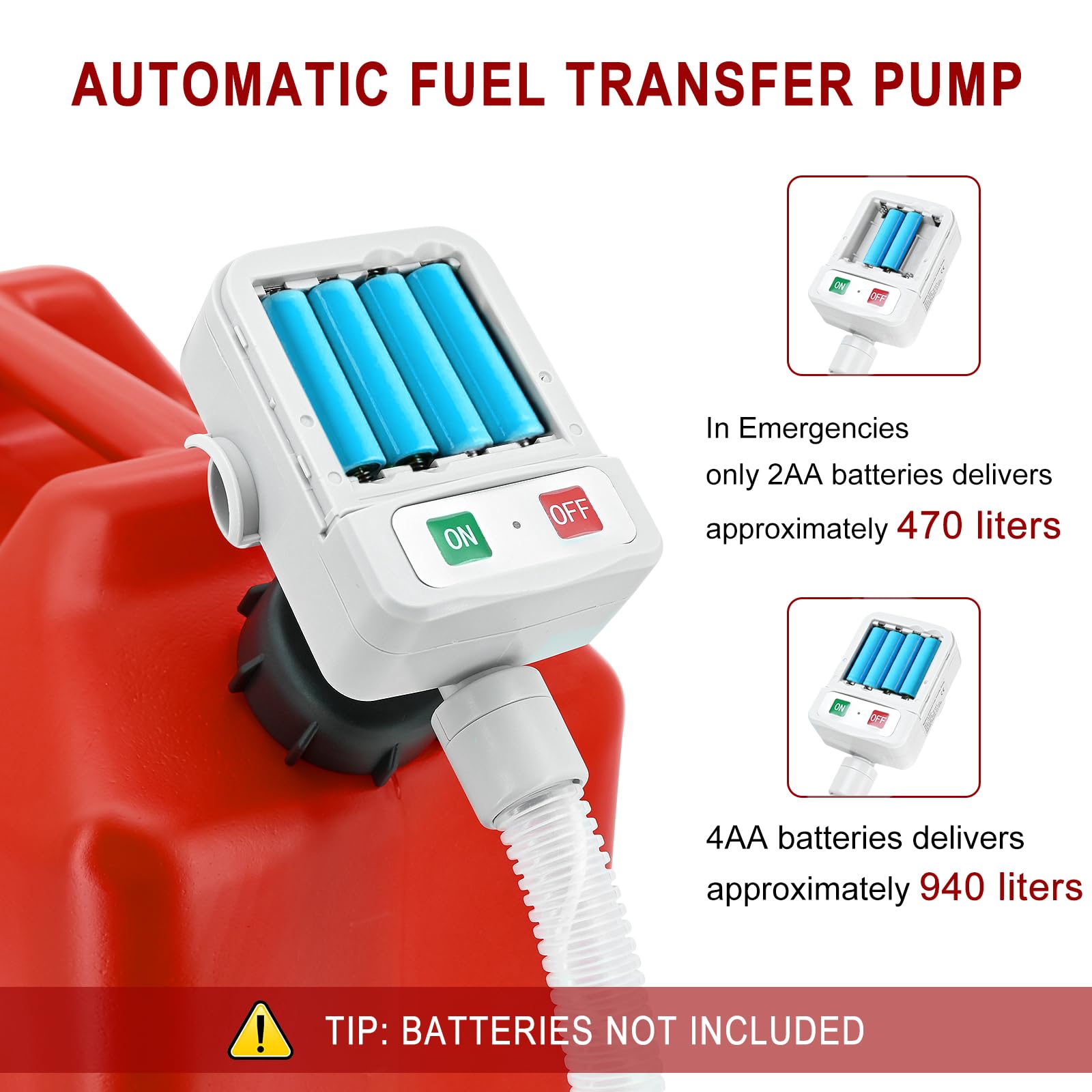 KTIPERN Automatic Gas Can Pump Battery Operated, Auto-Stop Sensor-3.2GPM，51'' Extra Long Hose, Portable Fuel Transfer Pump for Oil, Diesels, Gasoline(Note: Batteries and red oil drum not included)
