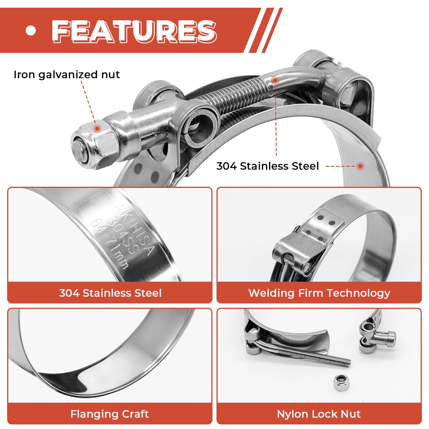 AKIHISA 24-Pack T-Bolt Hose Clamps, Stainless Steel 304 | 12 Sizes, 28–116mm Range for 0.75–4 Inch Hose ID | Turbo Intake/Intercooler Clamp