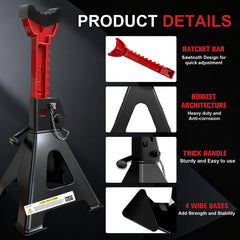 USYATO 3 Ton Jack Stands (6,600 lbs) - Heavy Duty Car Jack Stand with Double Pin Locking, Adjustable 11.22"-16.54" Height, Extra Rubber Pads for Trucks, Garage, Home,DIY Use - 1 Pair Black+Red