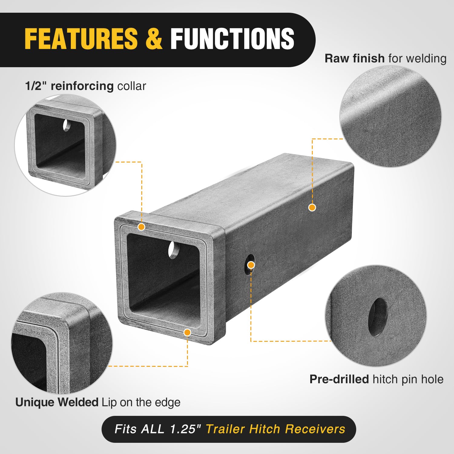 Nilight Hitch Adapter 1-1/4 x 6 Combo Bar | Weld-On Receiver Tube, Raw Steel