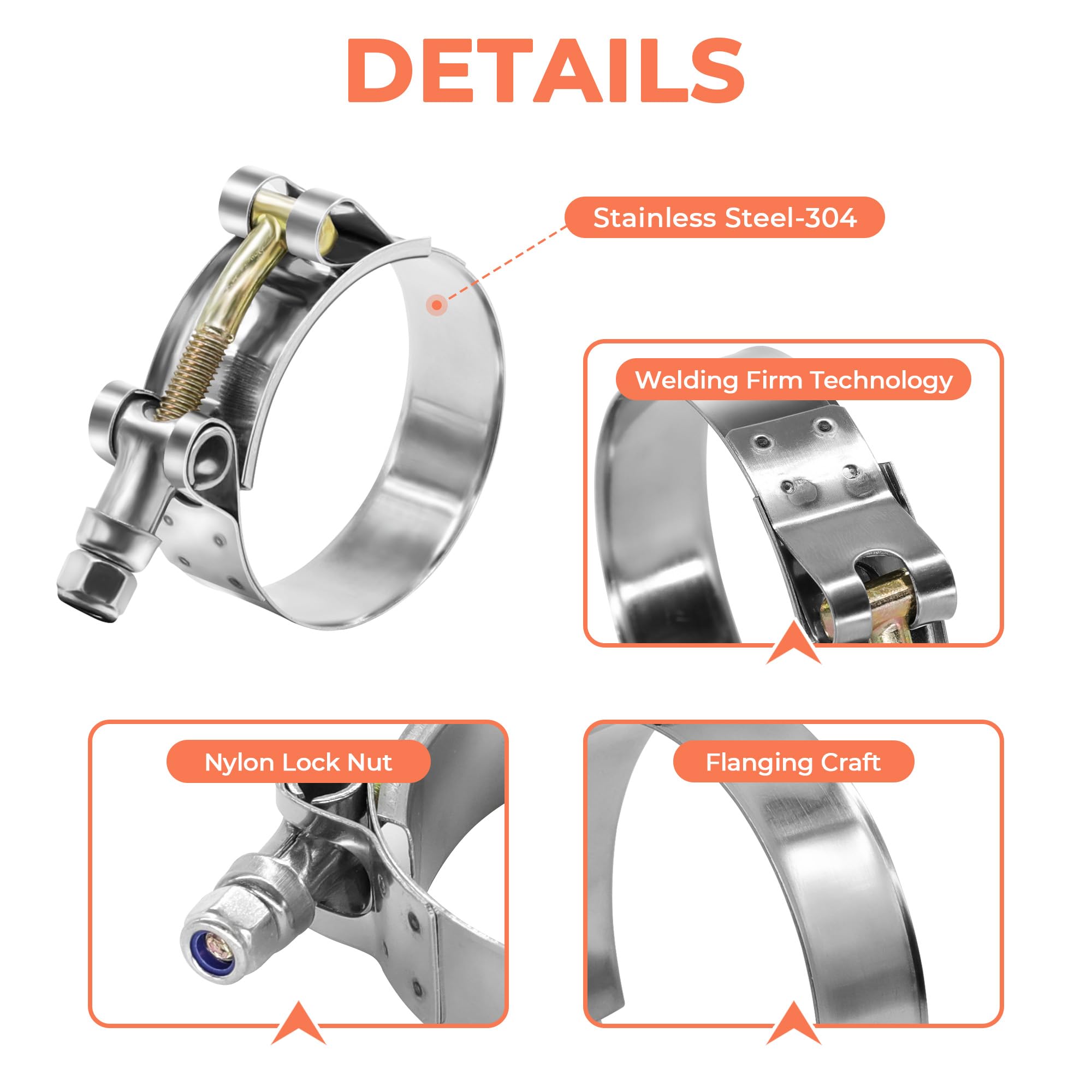 WYSIWYKA 14 Pcs 7 Sizes T-Bolt Hose Clamps, 304 Stainless Steel Turbo Intake Intercooler Clamp,Working Range 32-91mm for 1-3" Hose ID, Radiator Hose Clamps Assortment Set