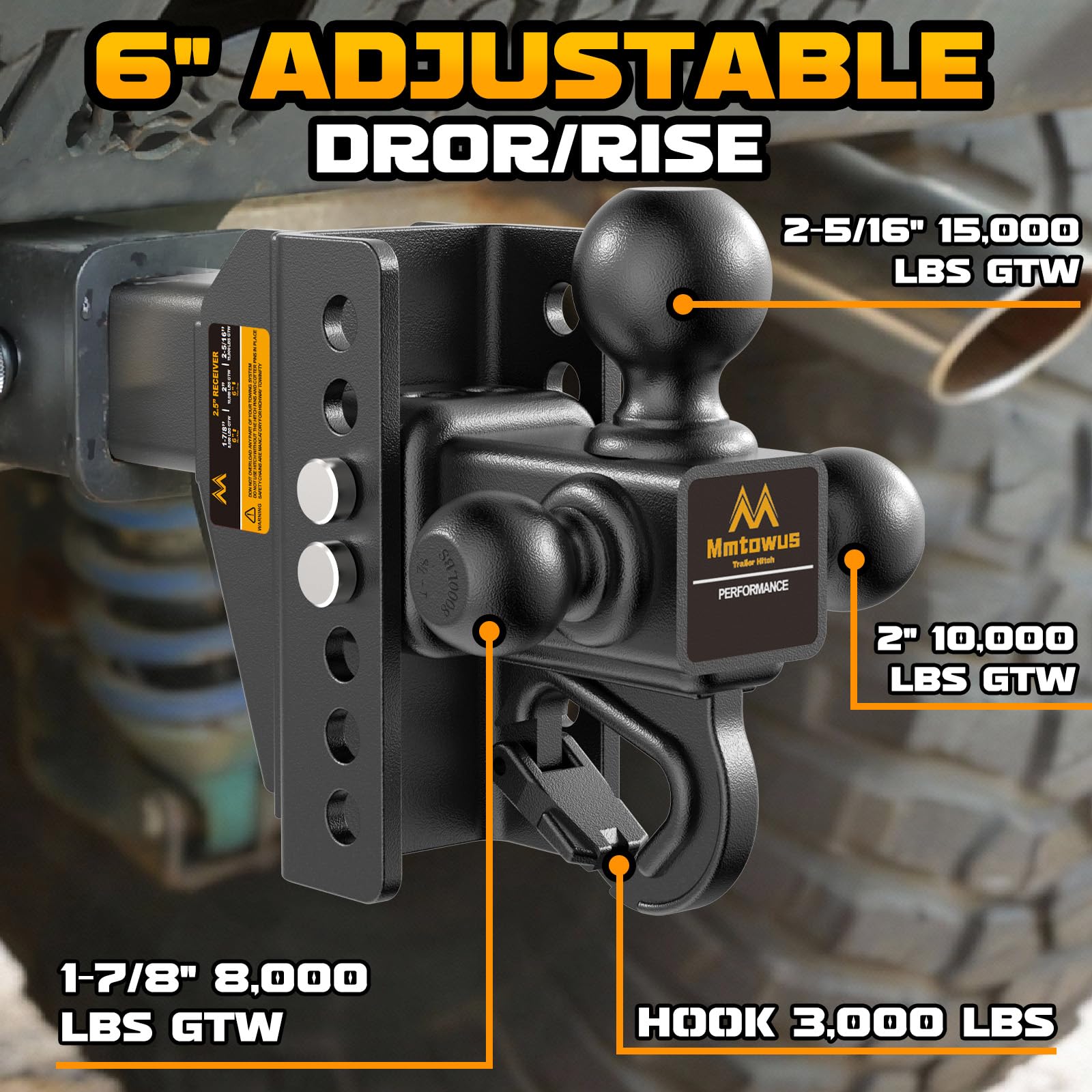 Mmtowus Adjustable Trailer Hitch - Drop Hitch -Tri Ball Mount w/Hook (1-7/8'', 2''&2-5/16''), Fits 2.5-Inch Receiver, 6'' Drop/Rise 15,000 LBS GTW Tow Hitch, 3 Ball Hitches for Trucks, RV, Camper etc