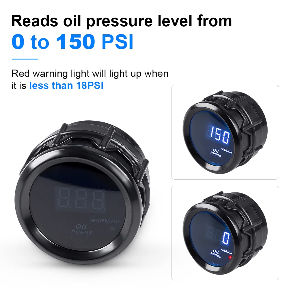 WATERWICH Oil Pressure Gauge 0-150 PSI – 2in/52mm DC12V Kit for Cars, SUVs, Trucks