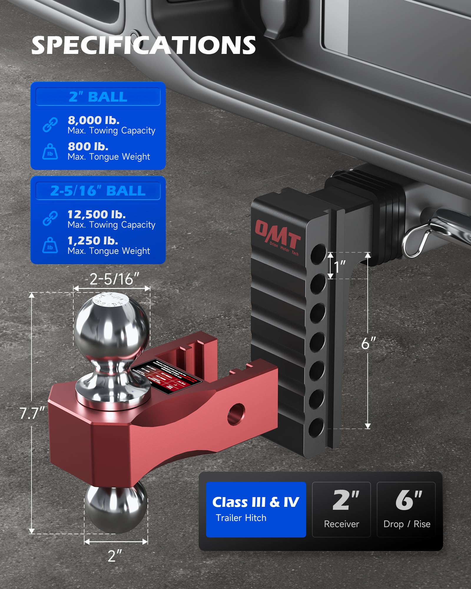 Orion Motor Tech Adjustable Trailer Hitch for 2 in. Receiver, Dual-Ball Mount Tow Hitch with 6" Drop/Rise 2" & 2-5/16" Balls, Drop Hitch with Locking Pins for Class III V Vehicles 8000-12500 GTW, Red