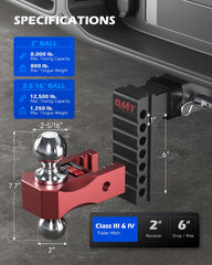 Orion Motor Tech Adjustable Trailer Hitch for 2 in. Receiver, Dual-Ball Mount Tow Hitch with 6" Drop/Rise 2" & 2-5/16" Balls, Drop Hitch with Locking Pins for Class III V Vehicles 8000-12500 GTW, Red