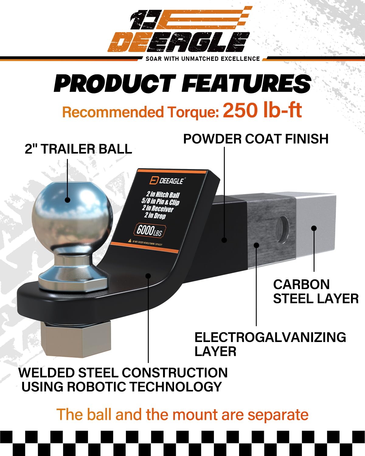 DEEAGLE 2-Inch Ball Hitch with Pin - Heavy-Duty 6000 lbs GTW, 2 Drop