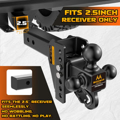 Mmtowus Adjustable Trailer Hitch - Drop Hitch -Tri Ball Mount w/Hook (1-7/8'', 2''&2-5/16''), Fits 2.5-Inch Receiver, 6'' Drop/Rise 15,000 LBS GTW Tow Hitch, 3 Ball Hitches for Trucks, RV, Camper etc