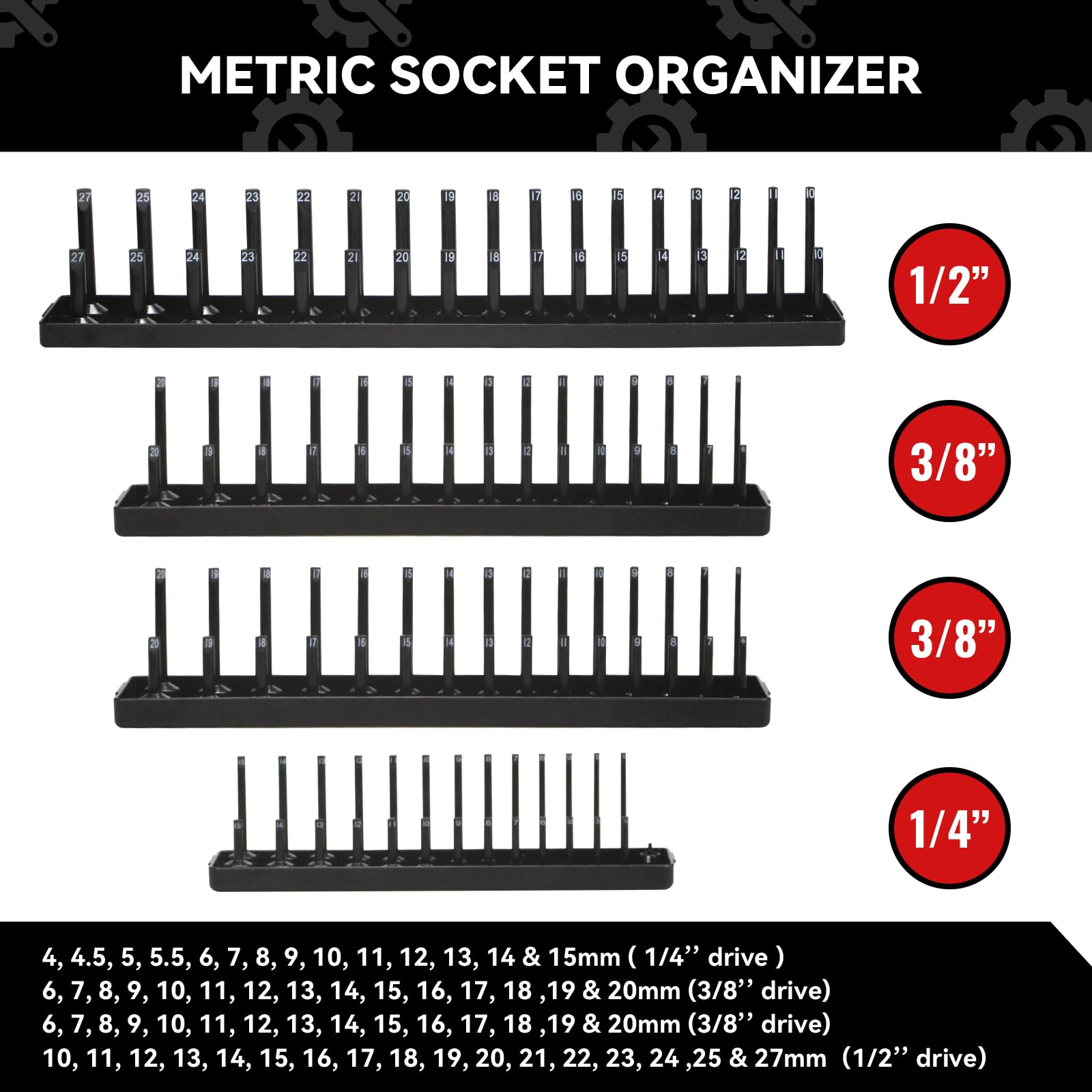 8PCS Socket Organizer Tray Set,SAE & Metric Socket Trays, 2PCS 1/4", 4PCS 3/8", 2PCS 1/2" Drive Deep and Shallow Socket Holders for Toolboxes (8pcs socket organizer）