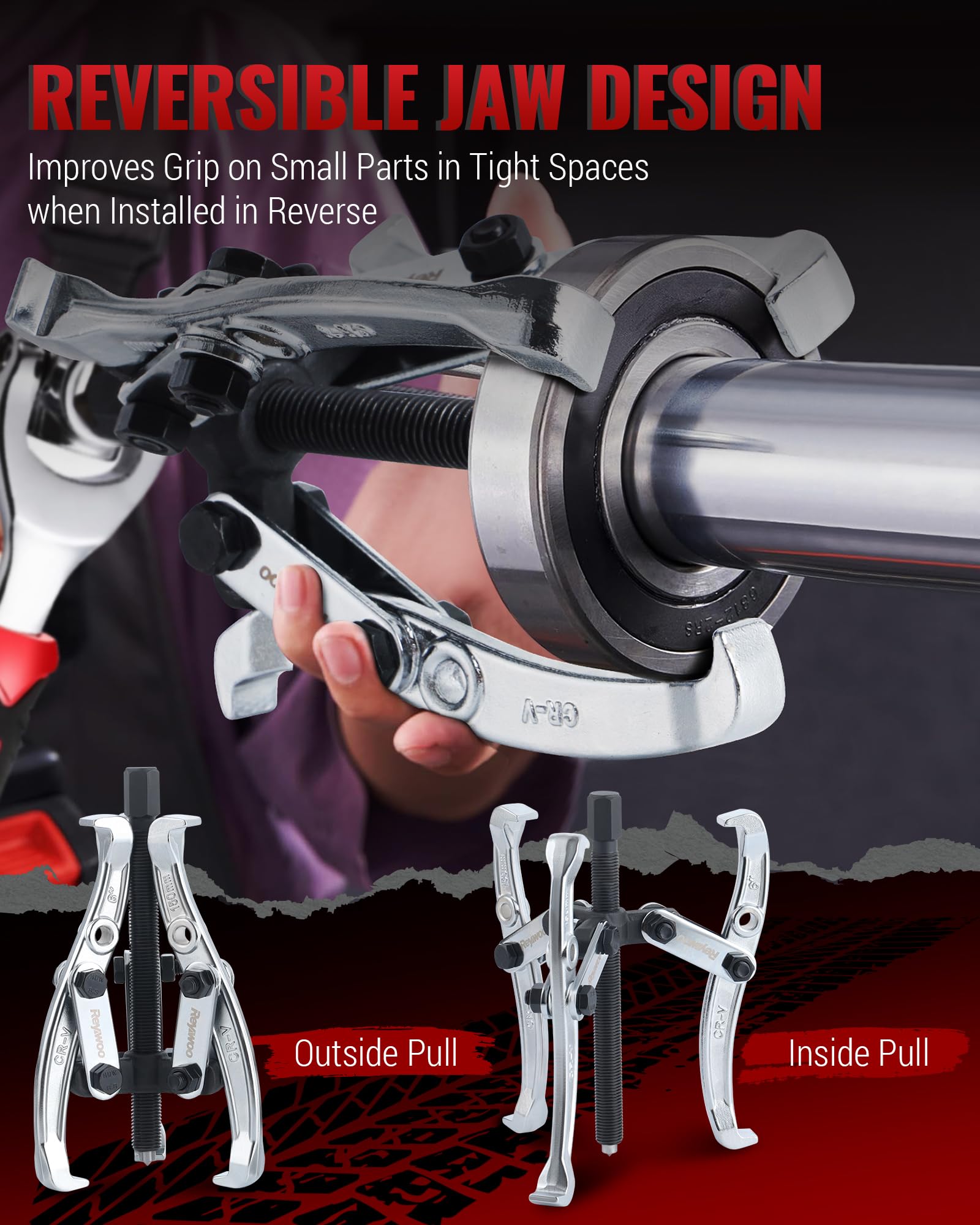 Reywoo Gear Puller Set, 3" 4" 6" 8" Bearing Puller Kit for Pulley Gear Bearing Flywheel Removal, Cr-V Steel 2 Jaw & 3 Jaw Gear Puller with Reversible Jaws