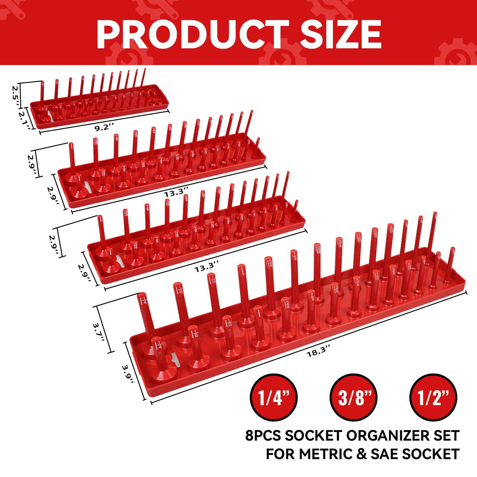 8PCS Socket Organizer Tray Set,SAE & Metric Socket Trays, 2PCS 1/4", 4PCS 3/8", 2PCS 1/2" Drive Deep and Shallow Socket Holders for Toolboxes (8pcs socket organizer）