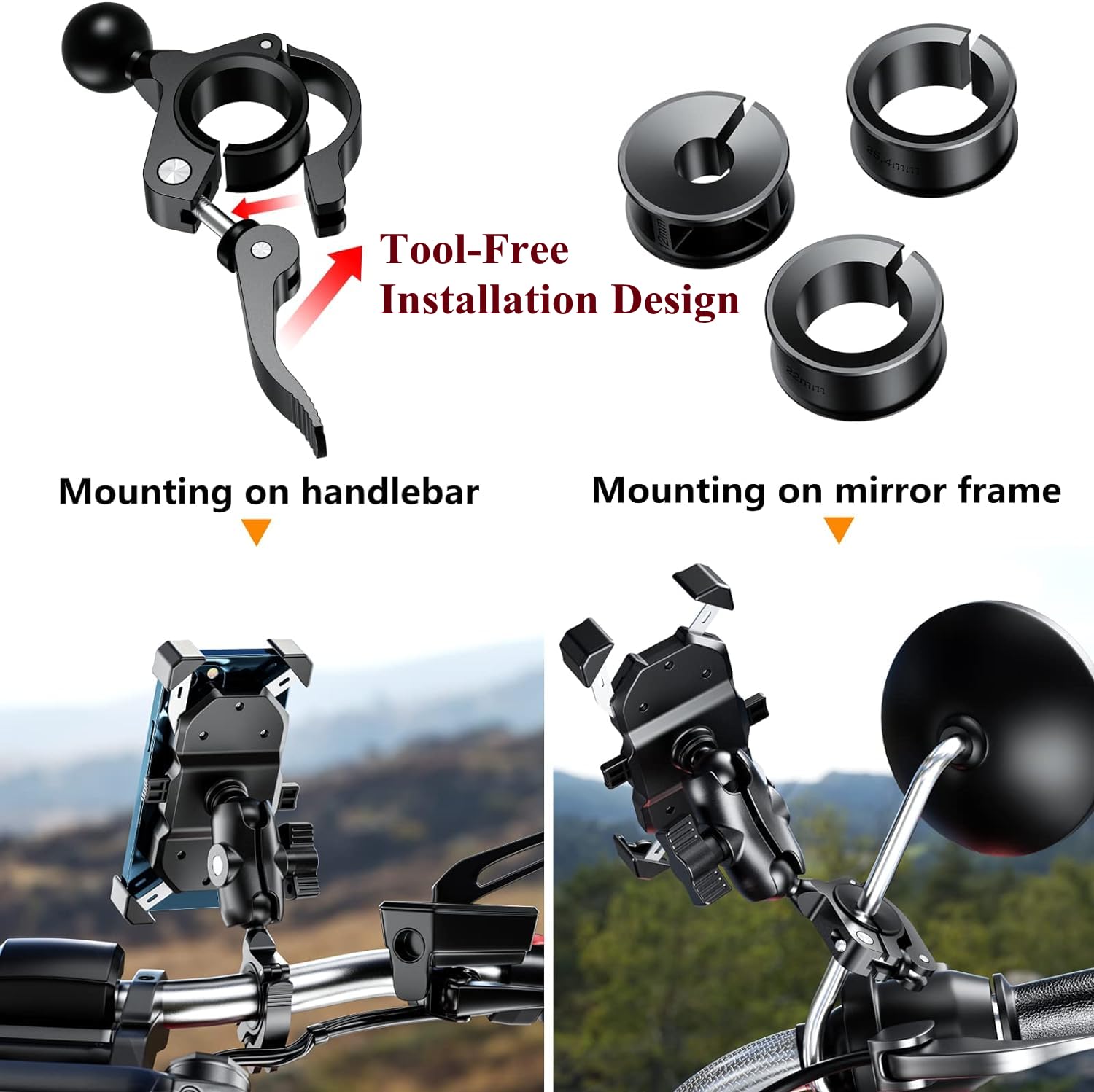 BRCOVAN 1'' Ball Handlebar Mount Base, Aluminum, Tool-Less Install, Fits 0.5–1.26'' Bars
