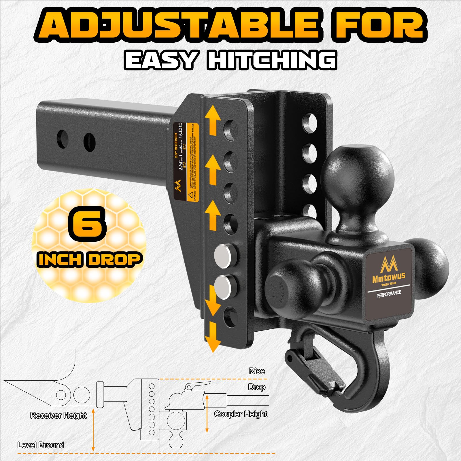 Mmtowus Adjustable Trailer Hitch - Drop Hitch -Tri Ball Mount w/Hook (1-7/8'', 2''&2-5/16''), Fits 2.5-Inch Receiver, 6'' Drop/Rise 15,000 LBS GTW Tow Hitch, 3 Ball Hitches for Trucks, RV, Camper etc