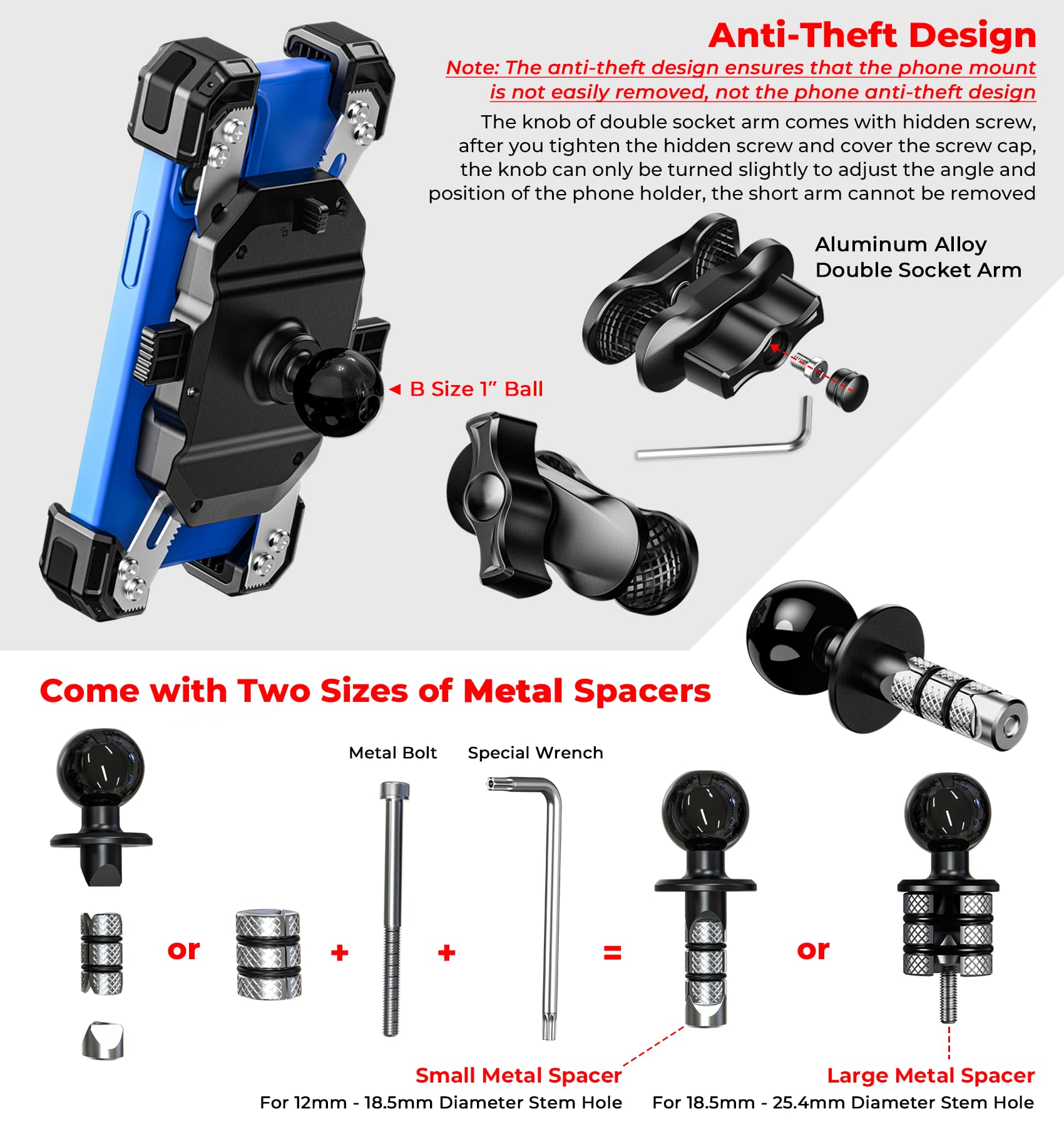 VAZESWIN Motorcycle Fork Stem Phone Mount, 1s Auto Lock & Release, Anti-Theft Motorcycle Phone Holder with Aluminum Alloy 1" Ball Short Arm, for 12-25.4mm Diameter Fork Stems, for 5.4"-7" Cellphones
