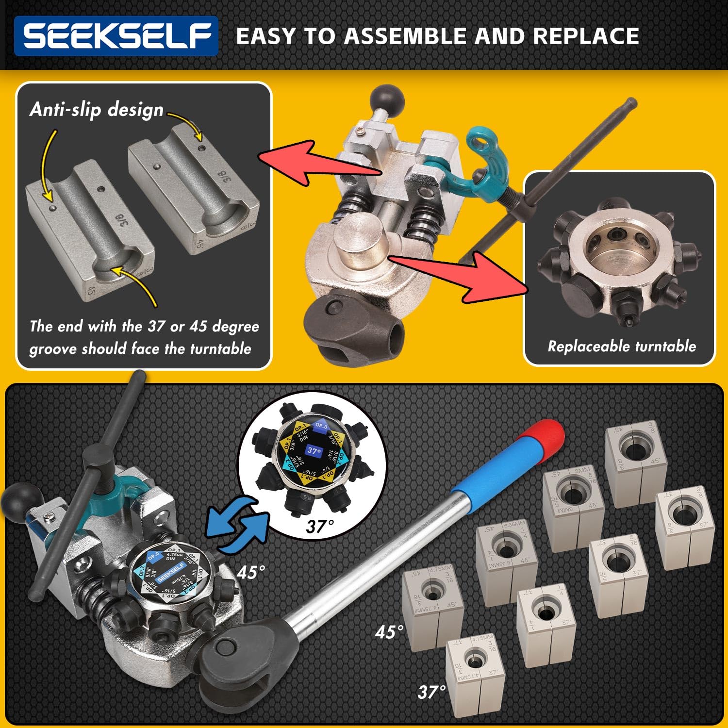 SEEKSELF Professional Brake Line Flaring Tool Kit for 45 & 37 Degree Single, Double and Bubble Flares, 3/16", 1/4", 5/16", 3/8" and 4.75mm Steel Copper Metal Tubing