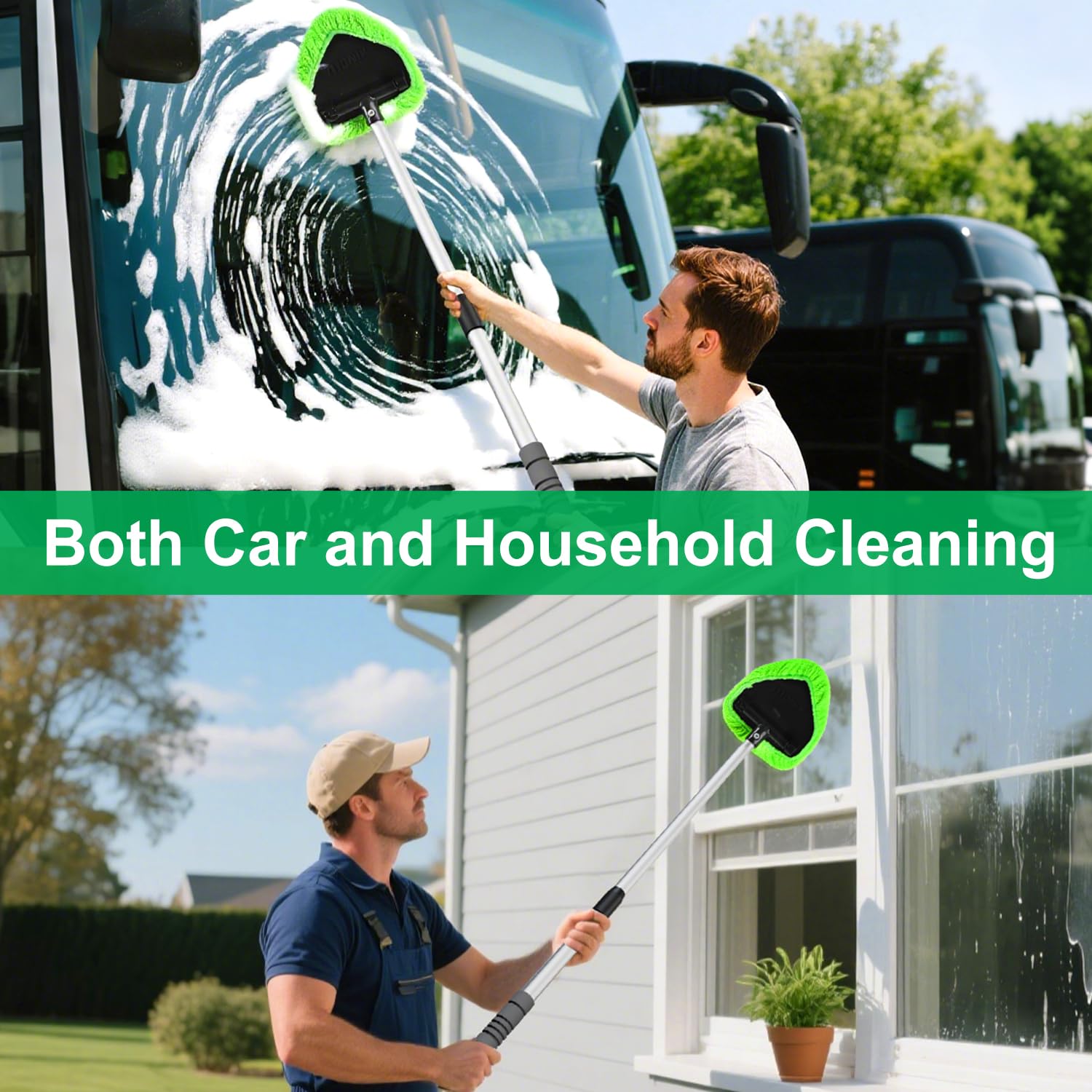 XINDELL 29-Inch Windshield Cleaner Tool – Extended Handle, 4 Microfiber Pads & Nano-Fiber Pad Kit